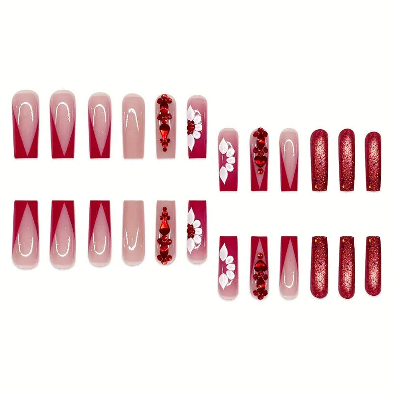 Sweet Flowers Temperament Prismatic Red Diamond Removable Fake Nails