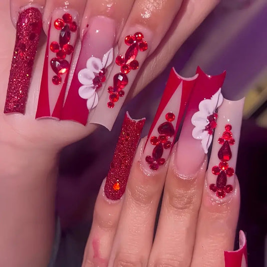 Sweet Flowers Temperament Prismatic Red Diamond Removable Fake Nails