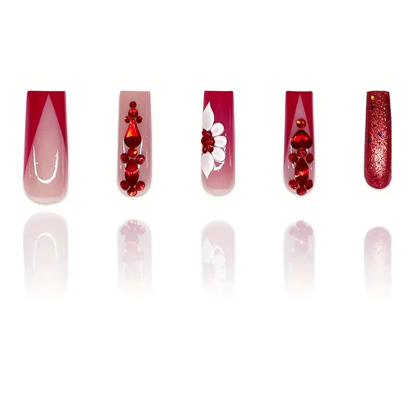 Sweet Flowers Temperament Prismatic Red Diamond Removable Fake Nails