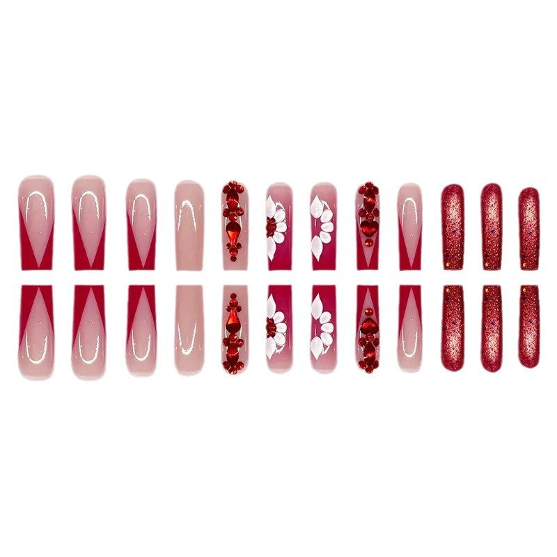 Sweet Flowers Temperament Prismatic Red Diamond Removable Fake Nails