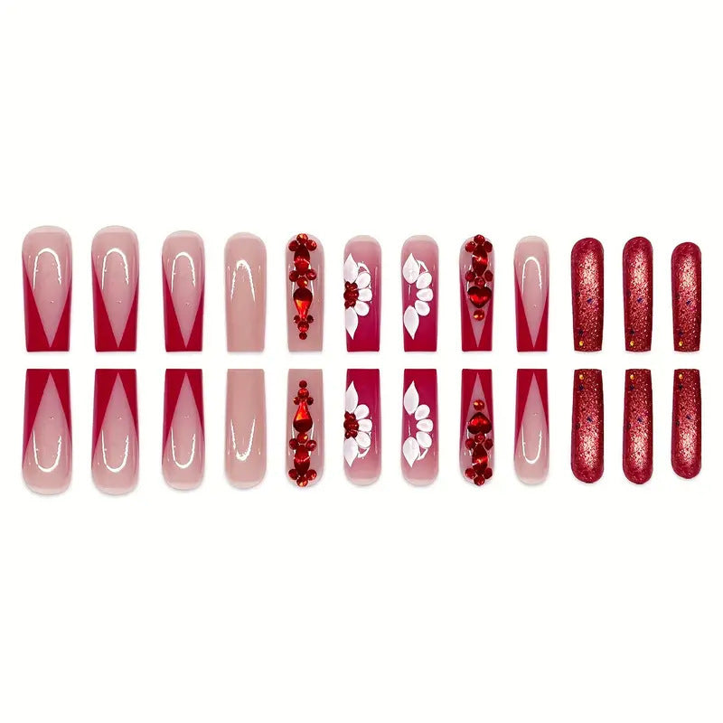Sweet Flowers Temperament Prismatic Red Diamond Removable Fake Nails